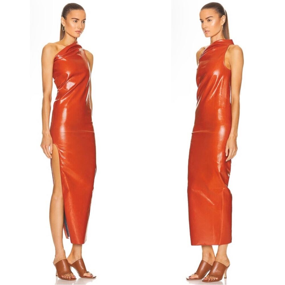 RICK OWENS Athena One Shoulder Coated Denim Bodycon Orange Midi Dress Size 6 - Picture 7 of 16